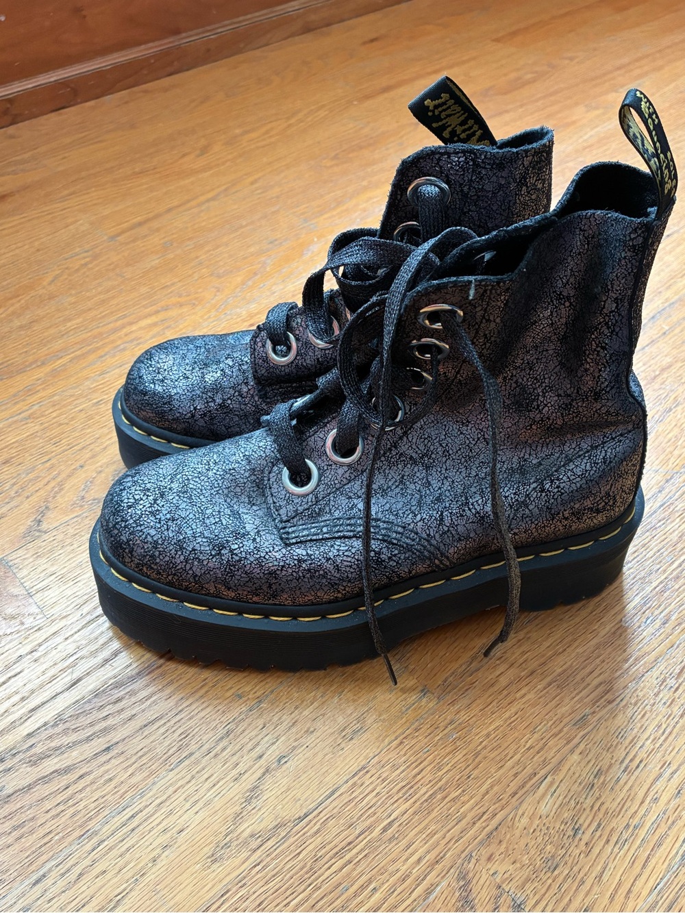 Dr Marten Molly Metallic Leather Platform Boots Gunmetal — Iridescent Crackle